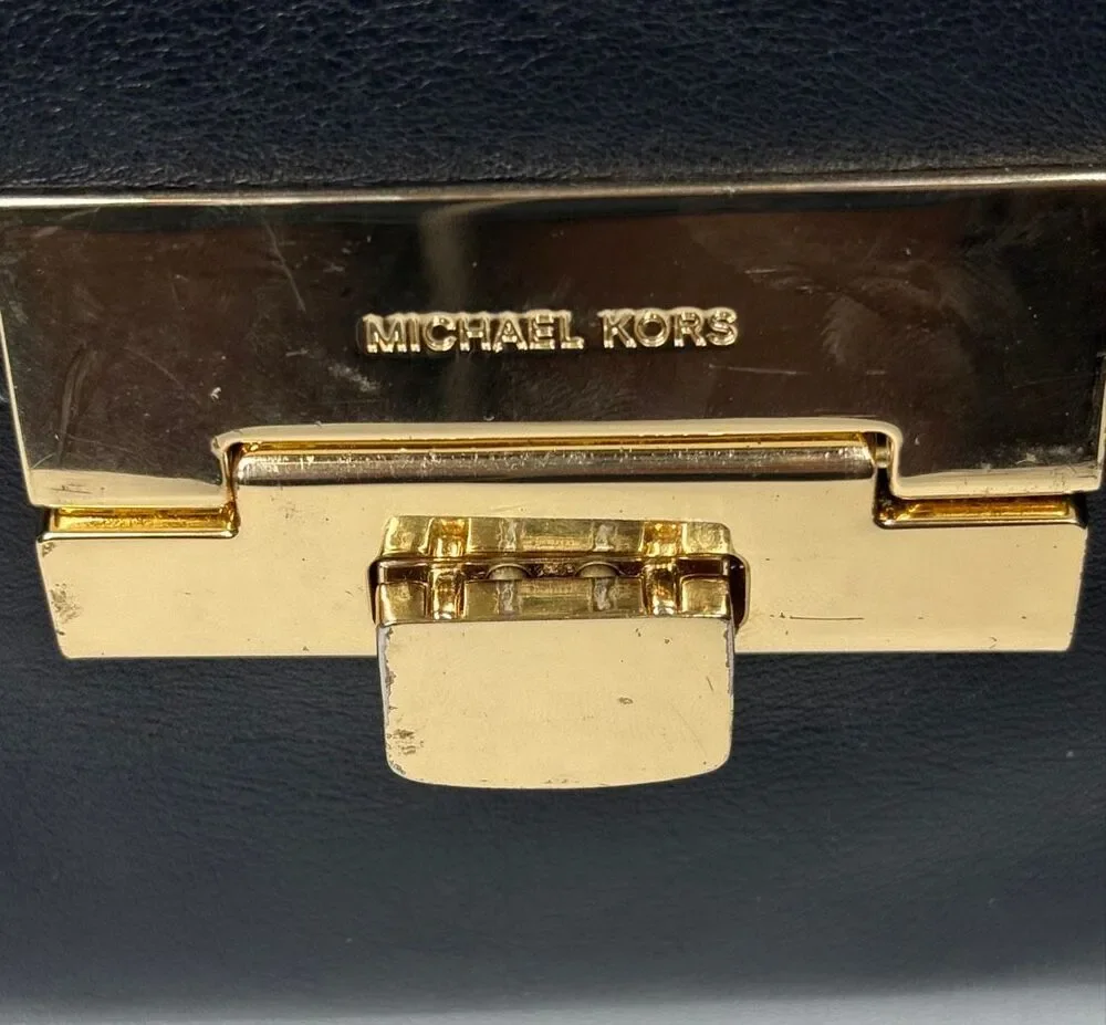 Michael Kors Karlie Black Leather Satchel Gold Hardware Handbag 30S5GCDS3L.